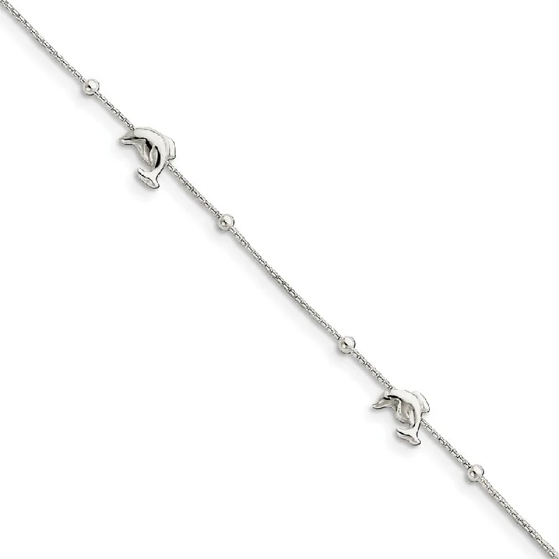 Sterling Silver Bead Round Box Chain And Dolphin Link Anklet, 9-10 In