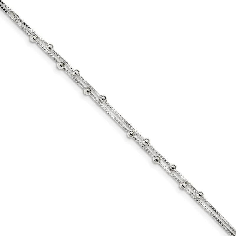 Sterling Silver Beaded 2-Strand 0.8mm Box Chain Anklet, 9-10 Inch