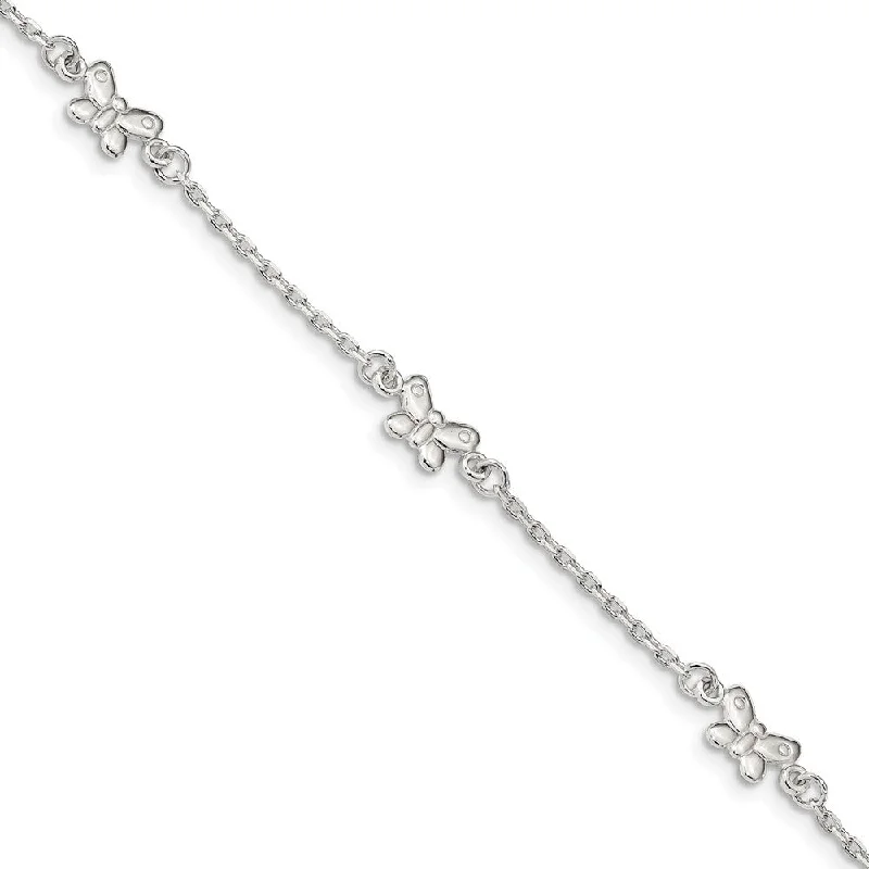 Sterling Silver Butterfly And 1.5mm Cable Chain Anklet, 9-10 Inch