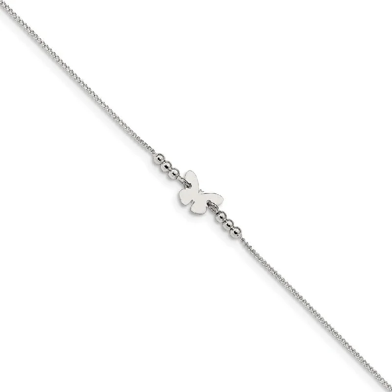 Sterling Silver Butterfly Station And 1mm Curb Chain Anklet, 9-10 Inch