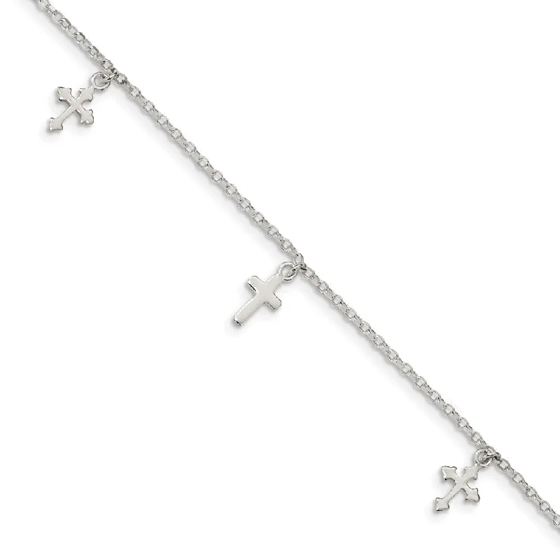 Sterling Silver Cross Dangle 1.5mm Rolo Chain Anklet, 9-10 Inch