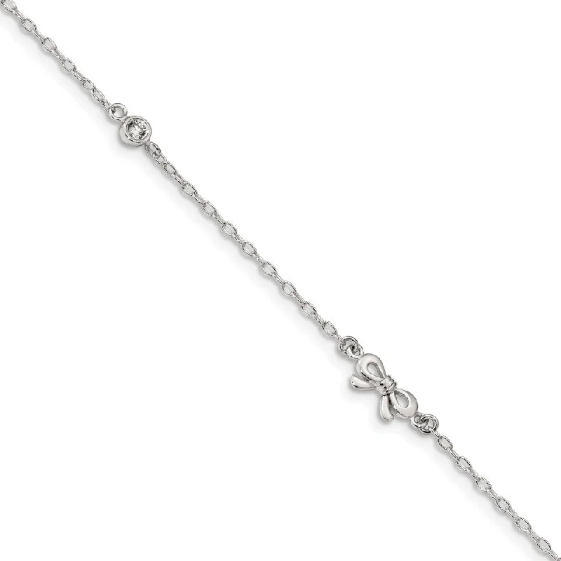 Sterling Silver CZ Bow And 1.5mm Cable Chain Anklet, 9-10 Inch