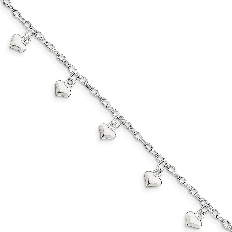 Sterling Silver Dangling Hearts Anklet, 9-10 Inch