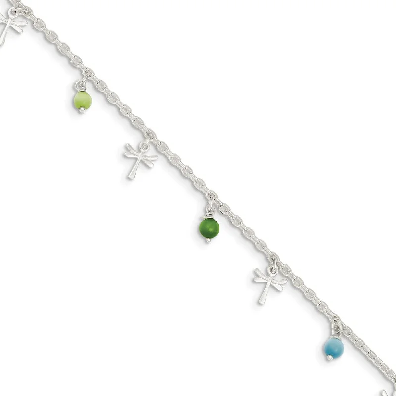 Sterling Silver Dragonfly And Glass Beaded Anklet, 10 Inch