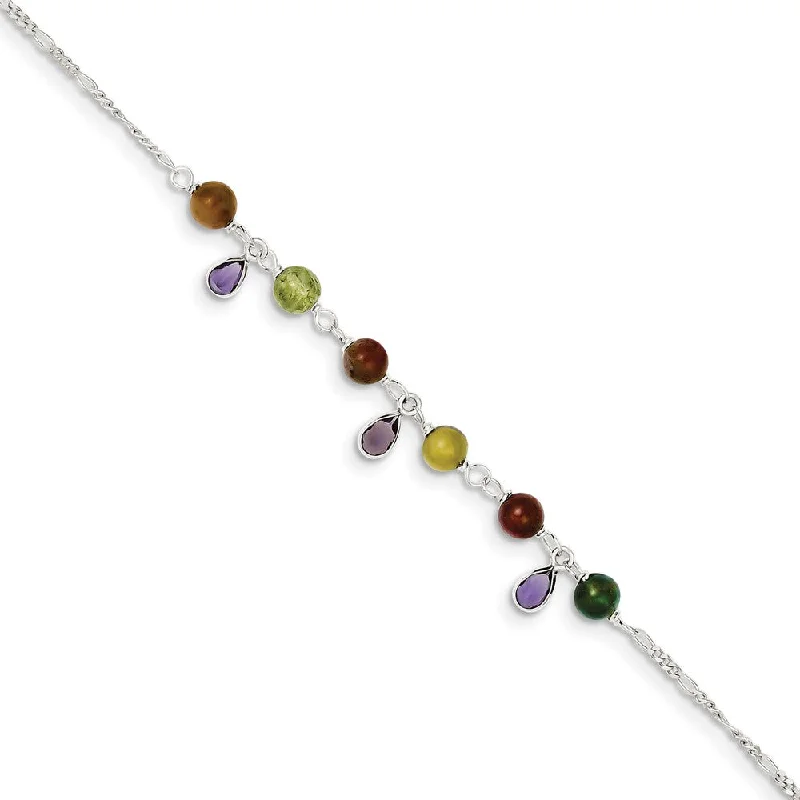 Sterling Silver Fancy Multicolor Jasper Anklet, 9 Inch