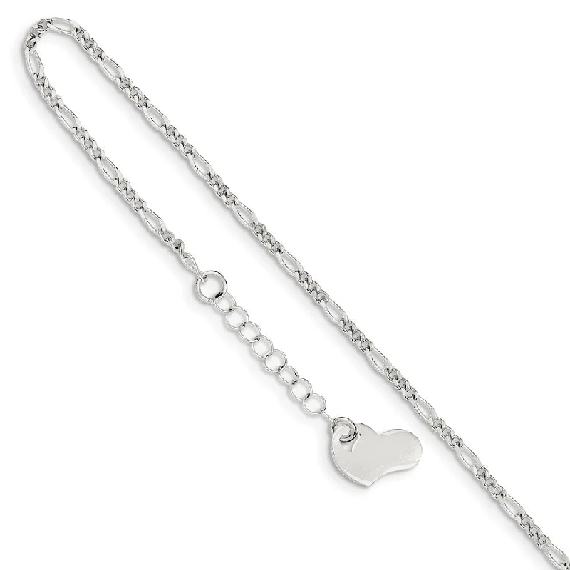 Sterling Silver Figaro Anklet with Dangling Asymmetrical Heart, 9 Inch