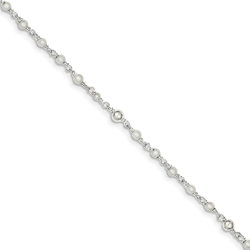 Sterling Silver FW Cultured Pearl and Heart Anklet, 9-10 Inch