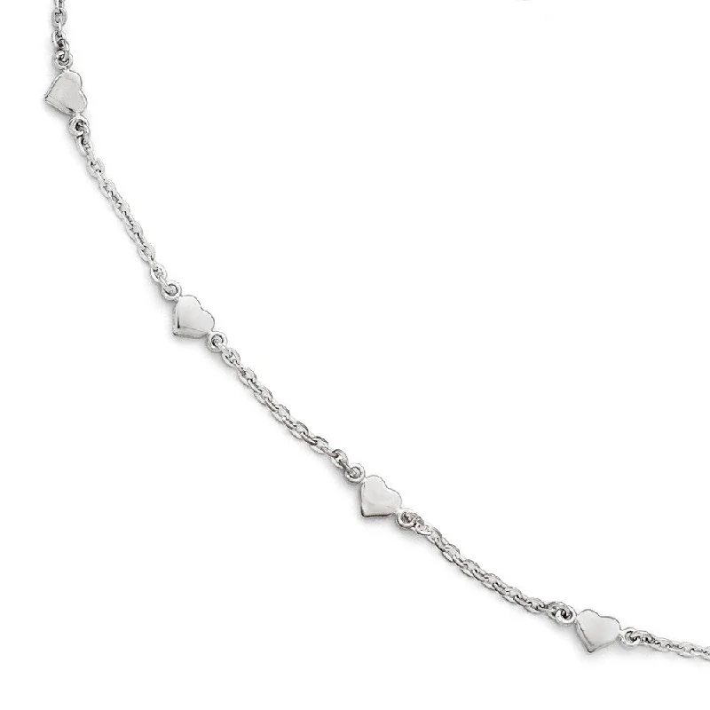 Sterling Silver Heart Station Cable Link Anklet, 9-10 Inch