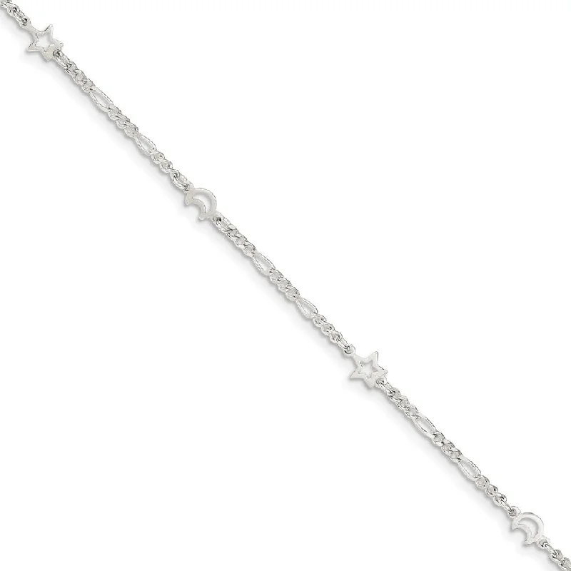 Sterling Silver Moon and Stars Figaro Adjustable Anklet, 9 Inch