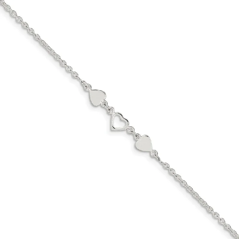 Sterling Silver Polished Hearts Anklet, 9 Inch