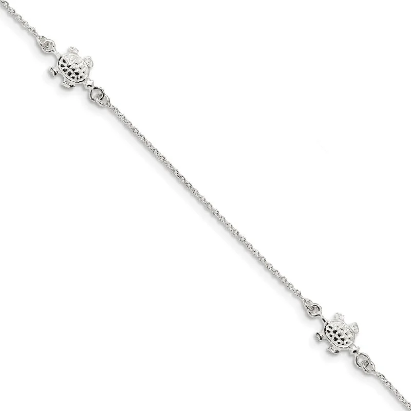 Sterling Silver Polished Turtle And 1mm Cable Chain Anklet, 9-10 Inch