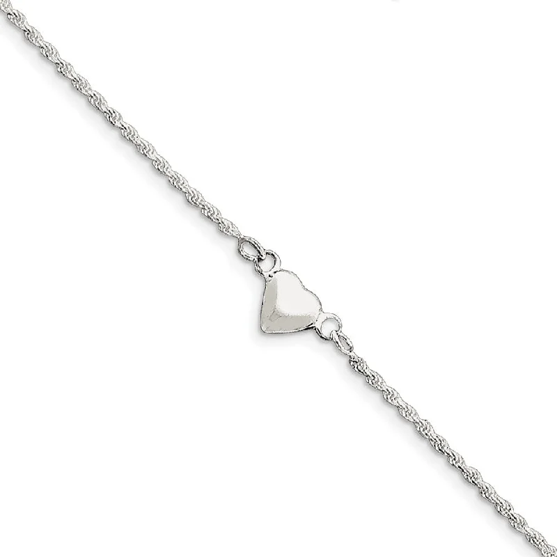 Sterling Silver Puffed Heart Rope Chain Anklet, 9 Inch