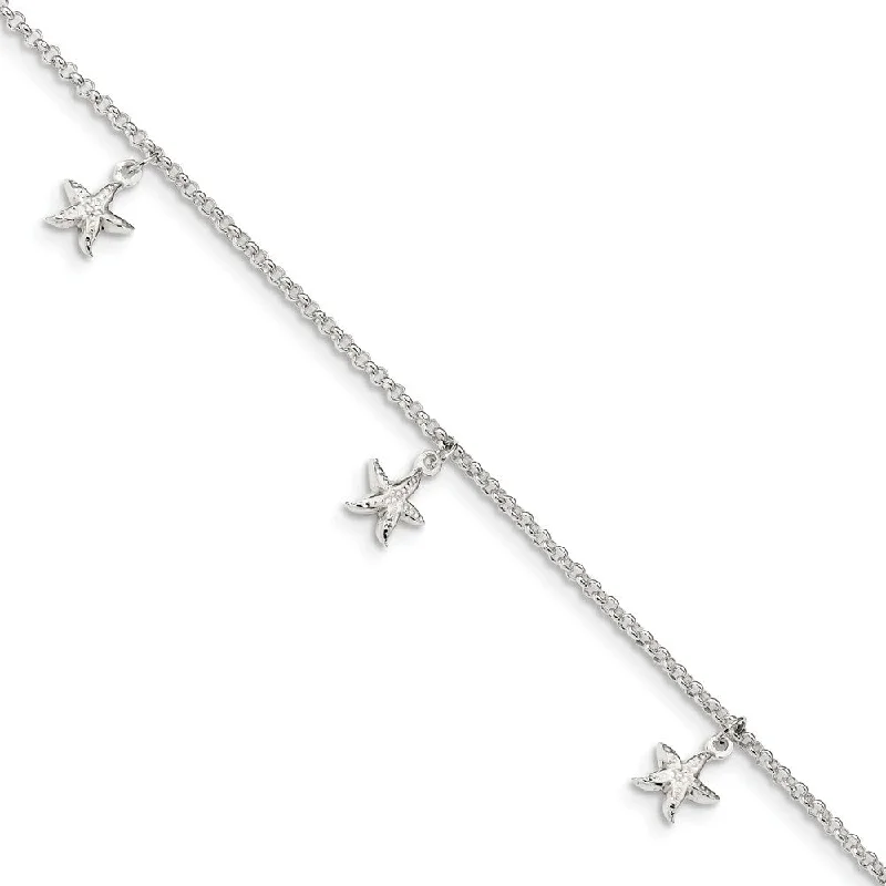 Sterling Silver Starfish Dangle And 1.5mm Rolo Chain Anklet, 9-10 Inch