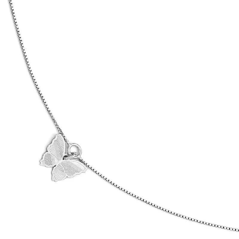 Sterling Silver Textured Butterfly and 1mm Box Chain Anklet, 9-10 Inch