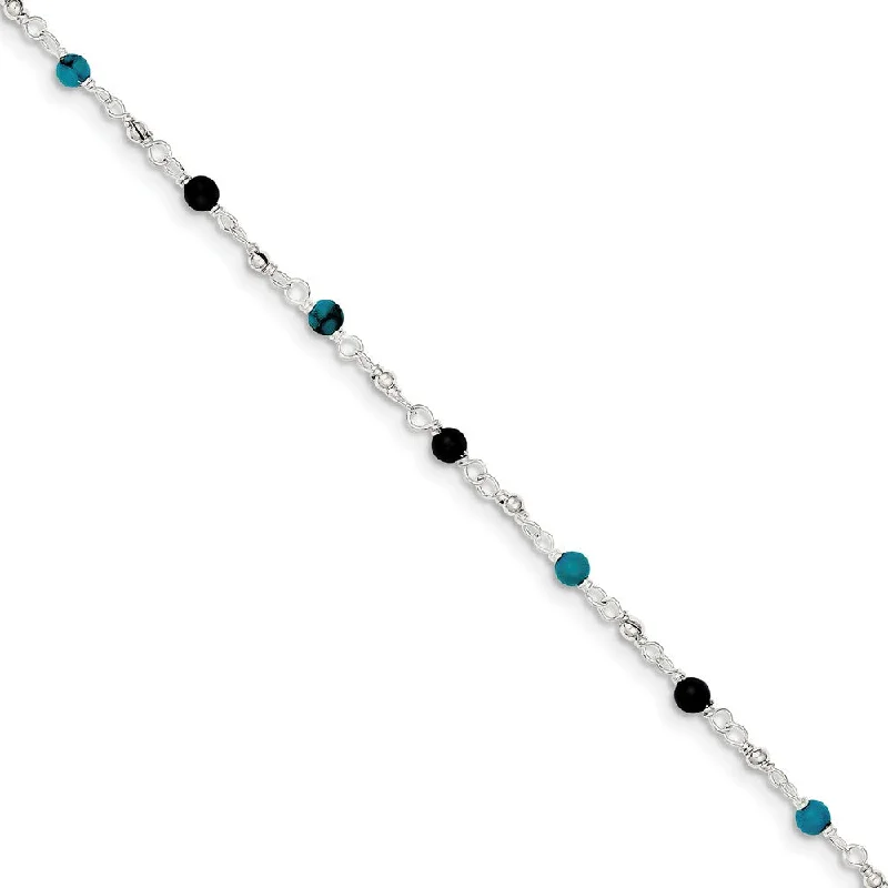 Sterling Silver Turquoise and Onyx, Beaded Anklet, 10 Inch